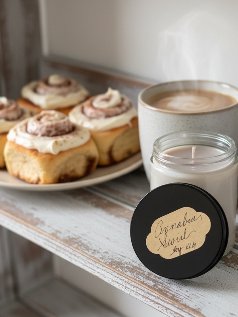 Handmade handpoured Cinnabun Swirl Scented Jar Candle - 8 oz Soy Cream & Black